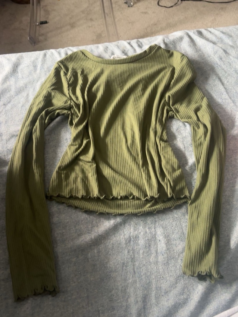 Olive Ribbed Long-Sleeve Crop Top - Unbranded